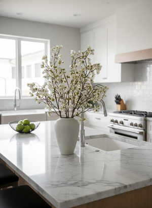 Real touch white cherry blossoms in a white vase on a marble island in a modern home decor kitchen setting #white