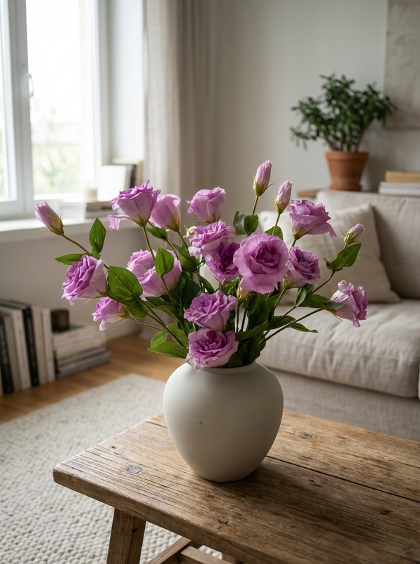 Contemporary living room décor featuring lilac pink faux lisianthus flowers #lilac-pink