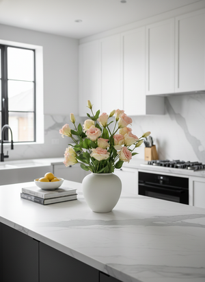 Luxury blush pink real touch artificial lisianthus styled in neutral vase in modern kitchen #blush-pink