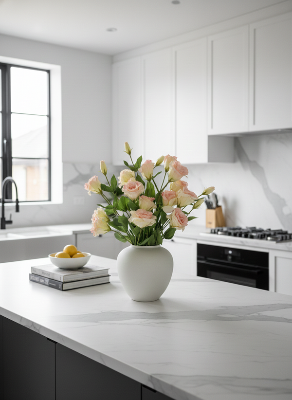 Luxury blush pink real touch artificial lisianthus styled in neutral vase in modern kitchen #blush-pink