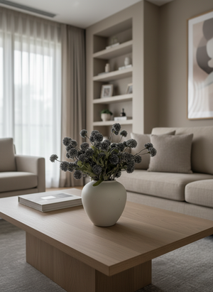 Real touch grey faux pompom flowers styled in a matte ceramic vase on a modern coffee table in a neutral living space #grey