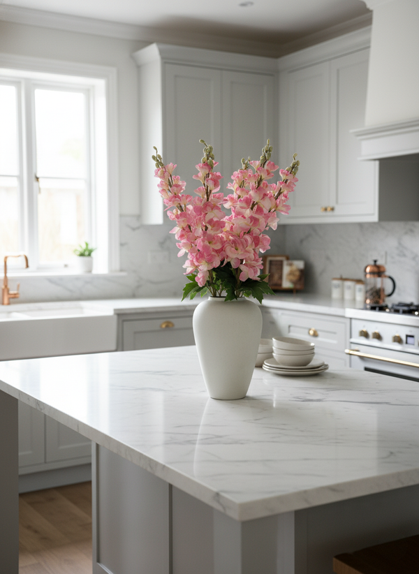 Realistic faux pink delphinium flowers arranged in a white matte vase on a bright, modern kitchen island #pink