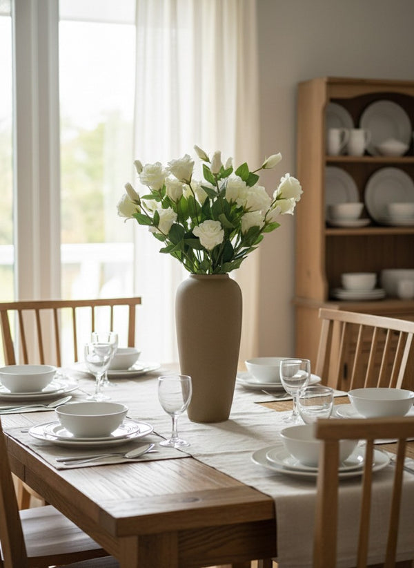 Elegant white faux lisianthus arrangement in ceramic vase as dining table centrepiece #white