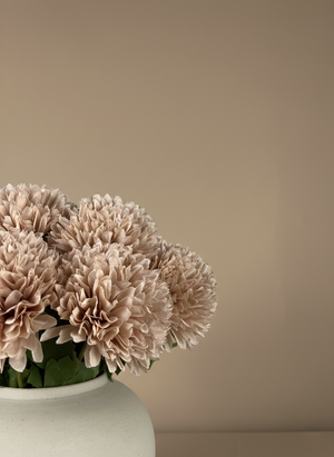 Blush beige pompom in matte white ceramic vase, realistic artificial floral home decor #blush-beige