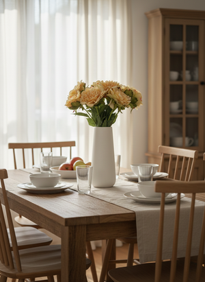 Contemporary dining room décor featuring yellow faux peonies as table centrepiece #yellow