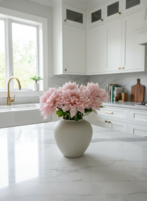 Real touch artificial pink dahlia bouquet in ceramic vase for kitchen styling #pink