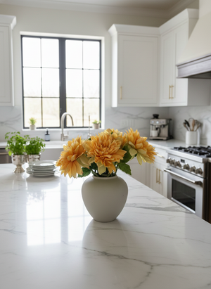 Real touch artificial apricot orange dahlia bouquet in ceramic vase for kitchen styling #apricot-orange