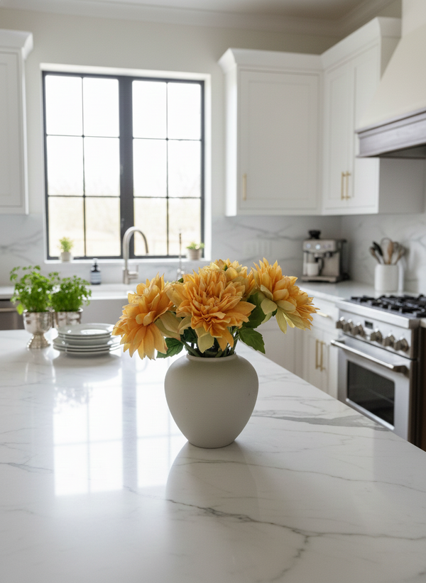 Real touch artificial apricot orange dahlia bouquet in ceramic vase for kitchen styling #apricot-orange