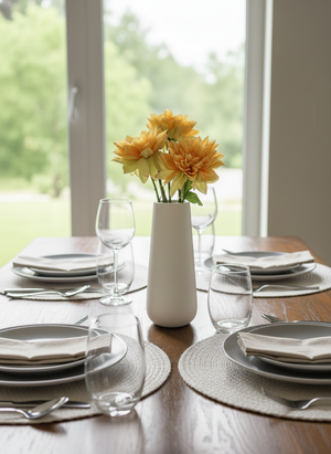Lifelike artificial apricot orange dahlia centrepiece in white matte vase on modern dining table #apricot-orange