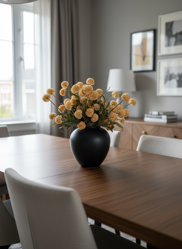 Peach coloured real touch faux pompom flowers styled in a ceramic vase on a modern dining table in a neutral home #pale-peach