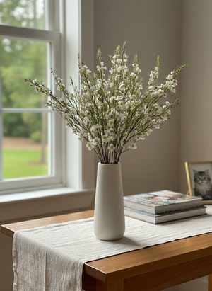 White real touch faux wax flower arrangement with delicate blooms in a white ceramic vase for modern living decor #white
