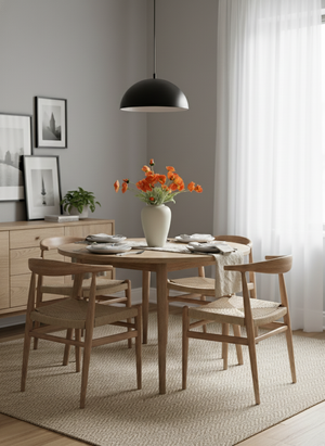 Modern dining room with round wooden table, woven chairs, and faux orange poppy arrangement in a ceramic vase #orange
