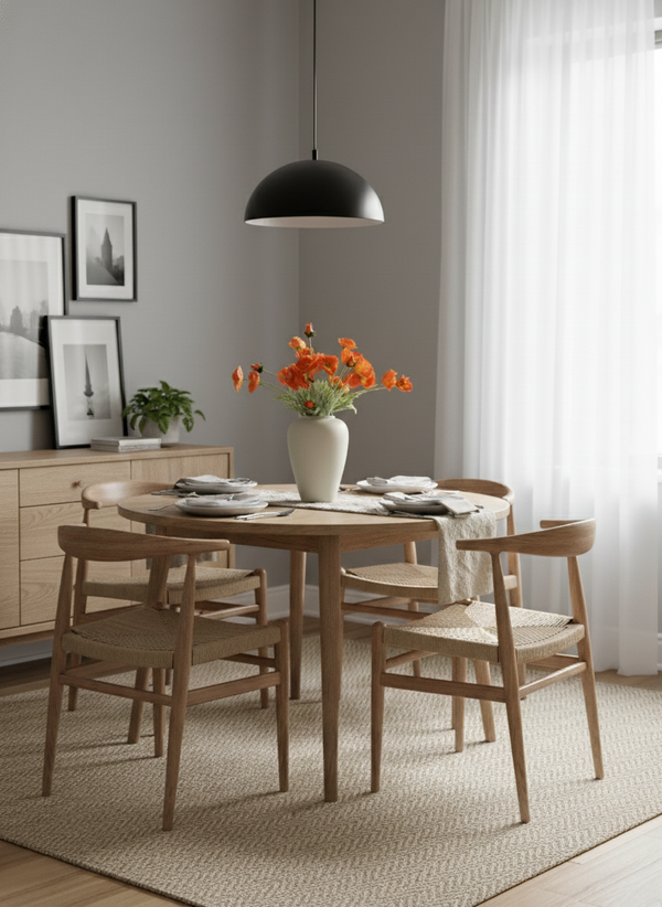 Modern dining room with round wooden table, woven chairs, and faux orange poppy arrangement in a ceramic vase #orange