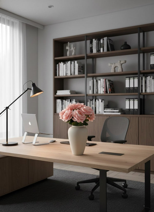 Soft pink faux rose arrangement in a ceramic vase styled on a modern home office desk #pink