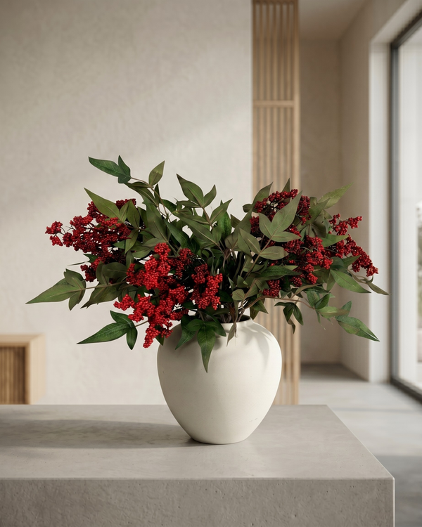 Real touch red faux berry arrangement with green foliage on a concrete surface. #red