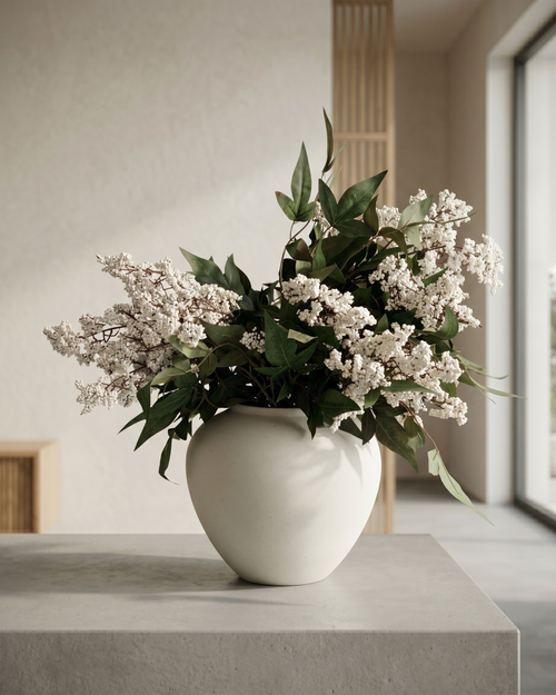 Real touch white faux berry arrangement with green foliage on light-coloured surface #white