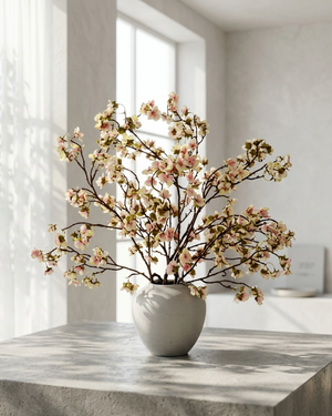 Lifelike faux blush pink cherry blossom branches in a white ceramic vase on a marble surface with a light background #blush-pink
