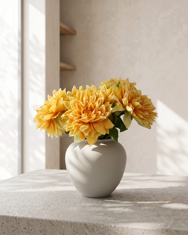 Real touch apricot orange faux dahlia arrangement in a matte ceramic vase on a concrete table #apricot-orange