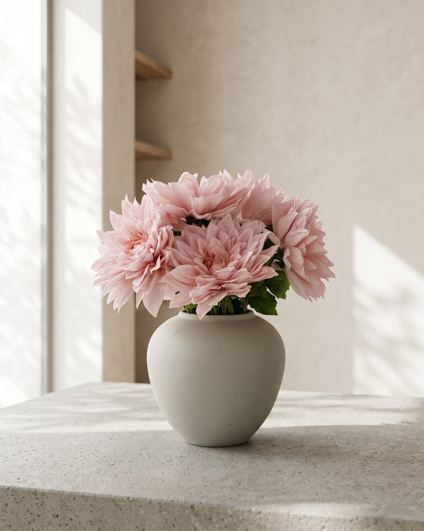 Real touch pink faux dahlia arrangement in a matte ceramic vase on concrete table with neutral background #pink