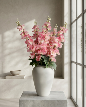 Realistic faux pink delphinium stems arranged in a white ceramic vase on concrete surface against a warm neutral backdrop #pink
