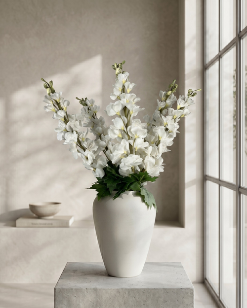 Realistic faux white delphinium stems arranged in a white ceramic vase on concrete surface against a warm neutral backdrop #white