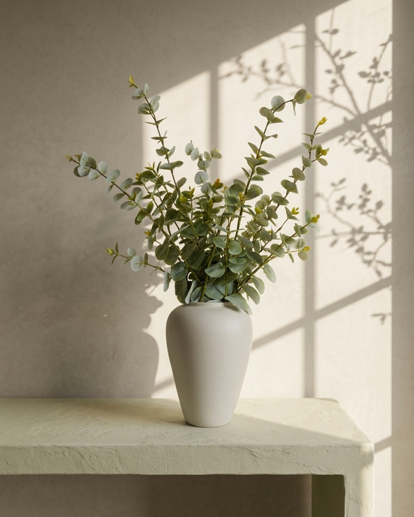 White vase with eucalyptus stems on a light surface with a neutral background