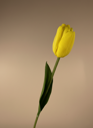 Single real touch yellow faux tulip stem with lifelike petals and natural green leaf on beige background #yellow