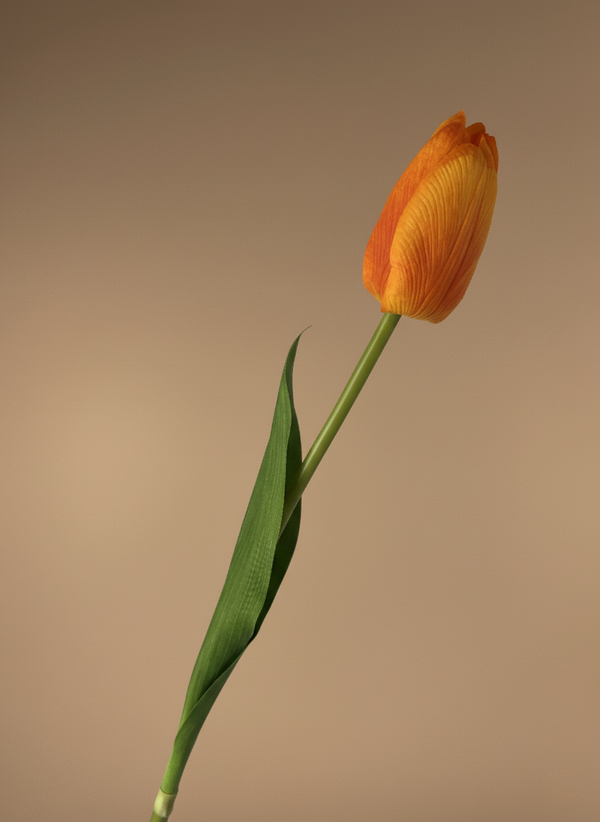 Single real touch orange faux tulip stem with lifelike petals and natural green leaf on beige background #apricot-orange