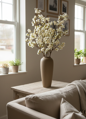 White faux cherry blossom branches in tall beige vase, realistic artificial floral arrangement for modern home decor #white