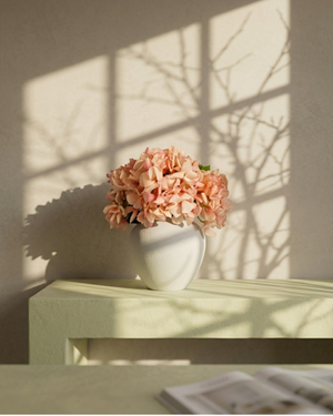 Pink hydrangea flowers in a white vase on a light surface with shadows from branches on the wall. #peachy-pink