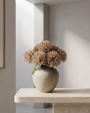 Beige pompom faux flowers in a ceramic vase, realistic pompom flower arrangement for modern home decor #blush-beige