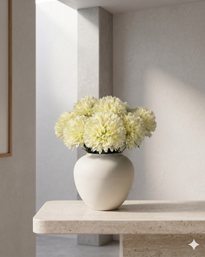 Ivory pompom faux flowers in a ceramic vase, realistic artificial pompom flower arrangement for modern home decor #ivory