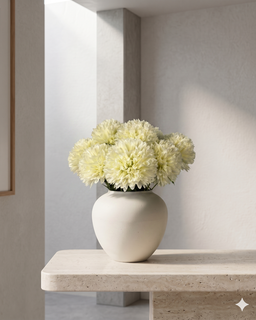 Ivory pompom faux flowers in a ceramic vase, realistic artificial pompom flower arrangement for modern home decor #ivory