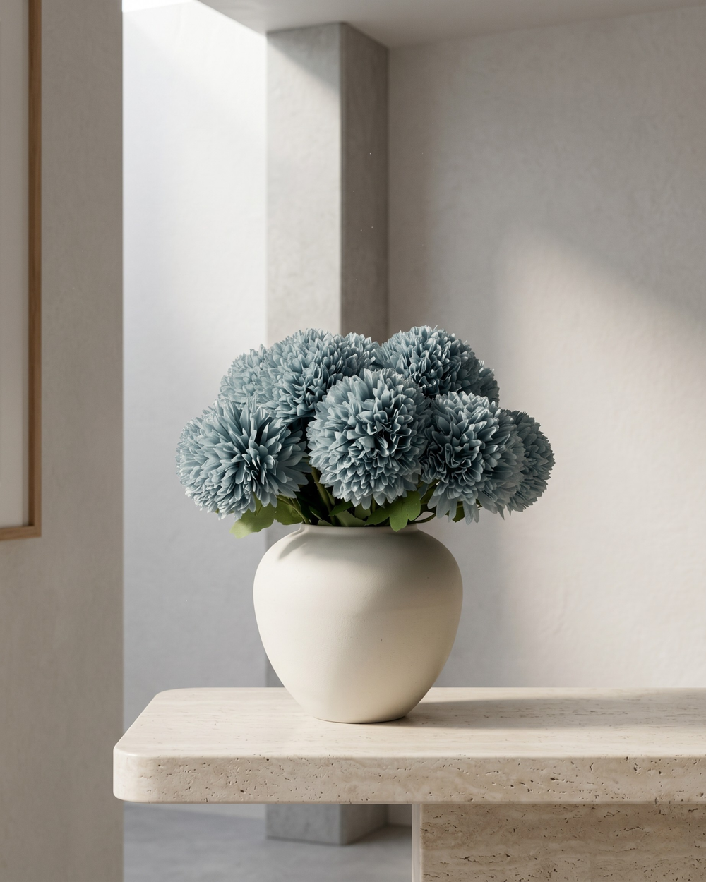 Teal pompom faux flowers in a ceramic vase, realistic artificial pompom flower arrangement for modern home decor #teal