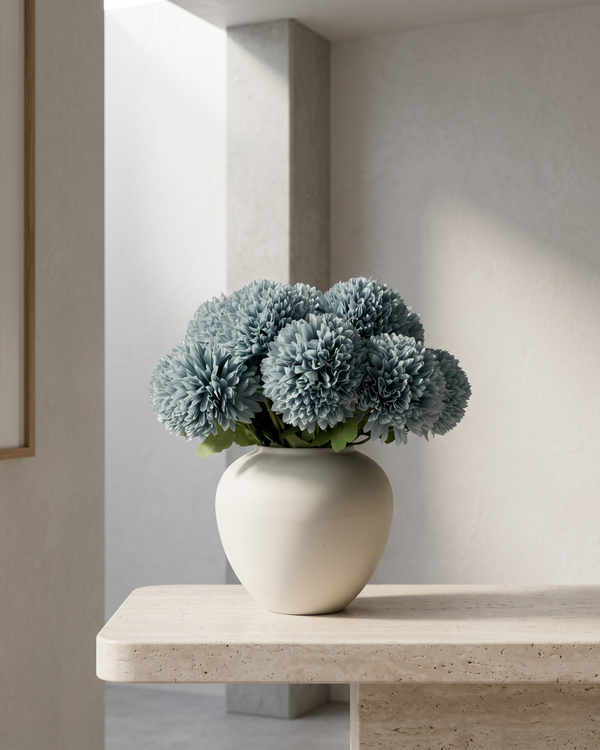 Teal pompom faux flowers in a ceramic vase, realistic artificial pompom flower arrangement for modern home decor #teal
