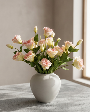 Realistic blush pink faux lisianthus bouquet with buds in minimalist vase #blush-pink
