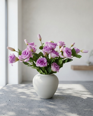 Premium lilac pink faux lisianthus bouquet with buds in minimalist vase #lilac-pink