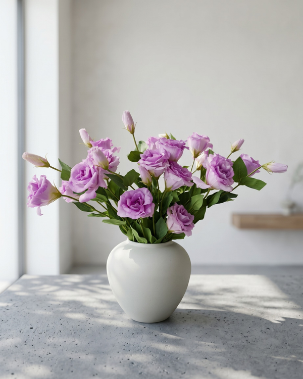 Premium lilac pink faux lisianthus bouquet with buds in minimalist vase #lilac-pink