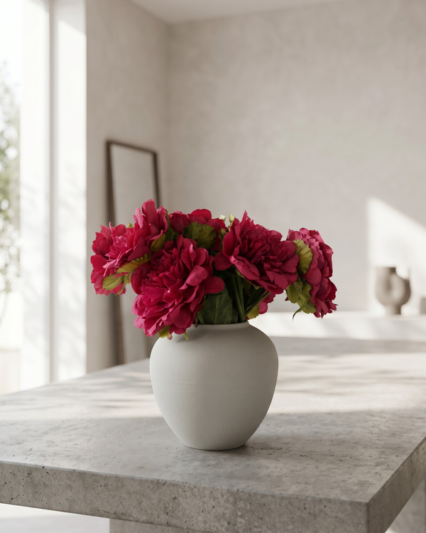 Realistic faux fuchsia pink peonies in contemporary ceramic vase for home styling #fuchsia-pink
