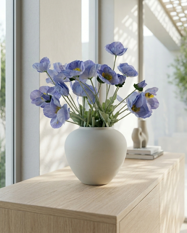Real touch faux blue poppy arrangement in a ceramic vase, styled on a wooden surface for modern home décor #lavender-blue