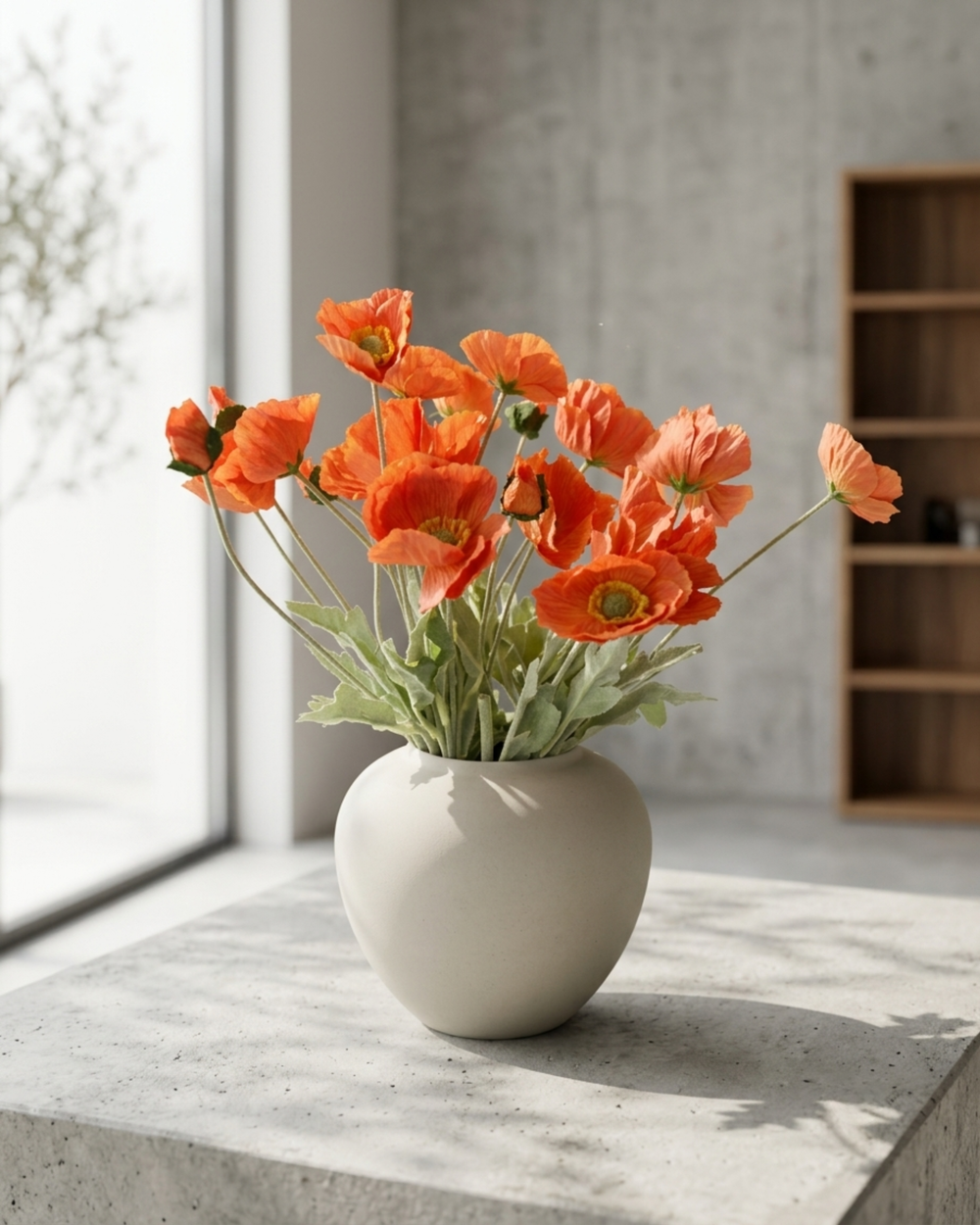 Luxury real touch faux orange poppy arrangement in a ceramic vase, styled on a concrete surface for modern home décor #orange 
