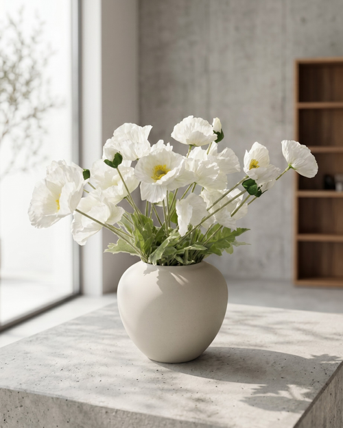 Luxury real touch faux white poppy arrangement in a ceramic vase, styled on a concrete surface for modern home décor #white 