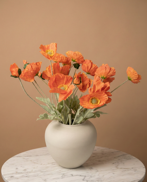 Luxury real touch faux orange poppy arrangement in a ceramic vase, styled on a marble table for modern home décor #orange 