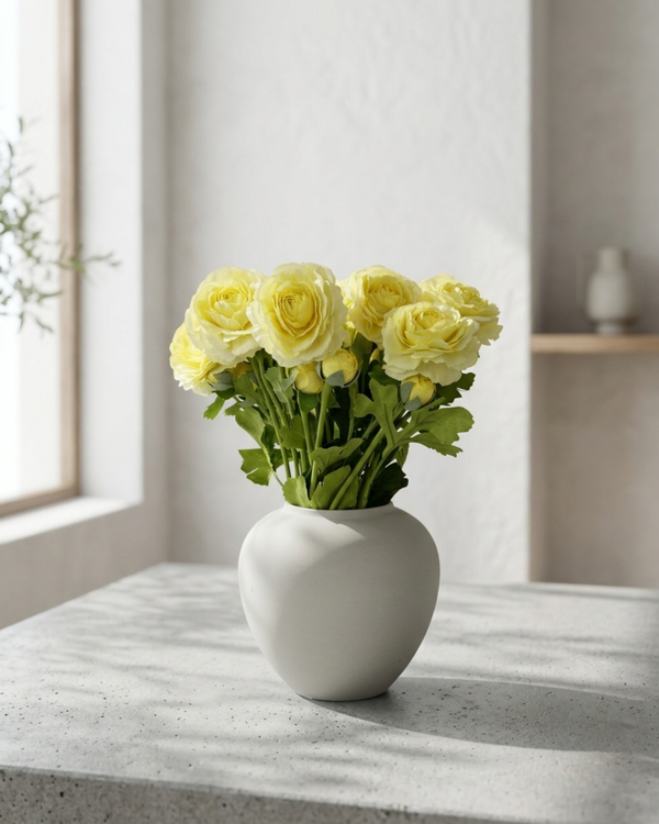 Realistic real touch yellow faux ranunculus arrangement in a matte ceramic vase styled on a concrete surface #yellow