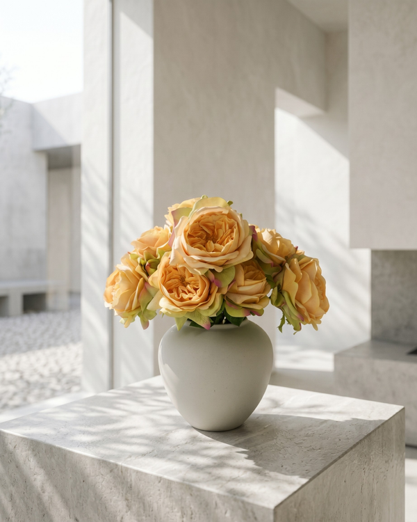 Artificial orange rose arrangement with soft layered blooms styled in a matte ceramic vase on a marble surface #apricot-orange