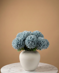 Teal pompom faux flowers in a ceramic vase, realistic artificial pompom flower arrangement for modern home decor #teal