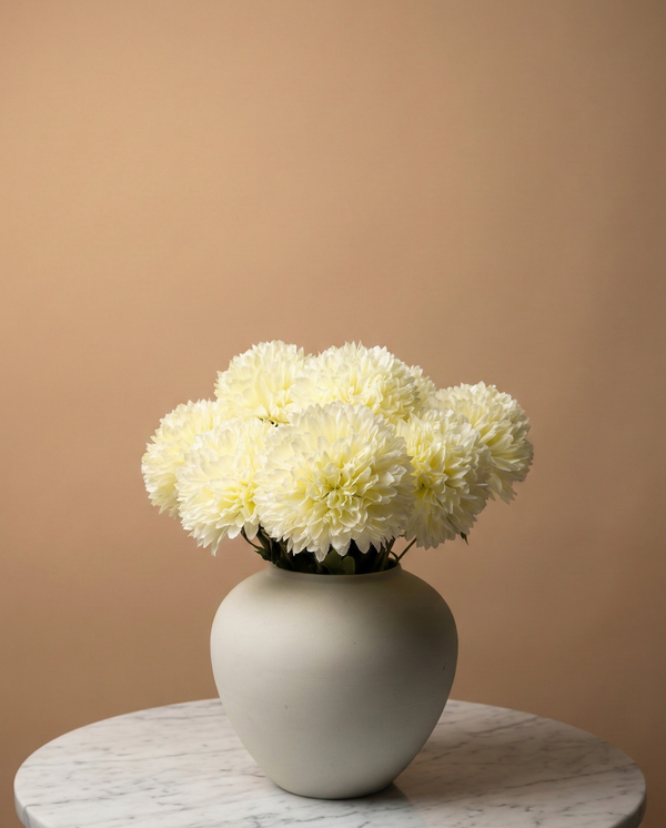 Ivory pompom faux flowers in a ceramic vase, realistic artificial pompom flower arrangement for modern home decor #ivory