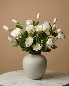 Realistic white faux lisianthus bouquet with buds in minimalist vase #white