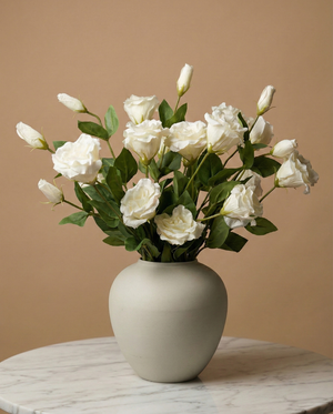 Realistic white faux lisianthus bouquet with buds in minimalist vase #white