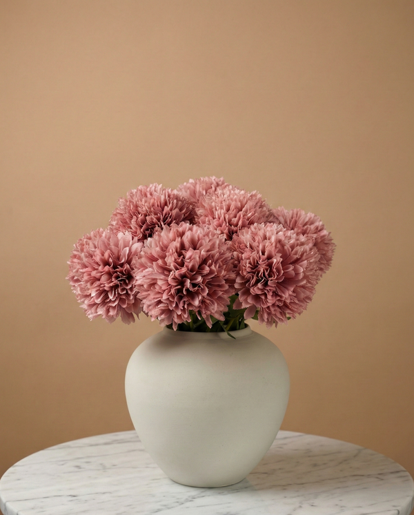 Pink pompom faux flowers in a ceramic vase, realistic artificial pompom flower arrangement for modern home decor #blush-pink